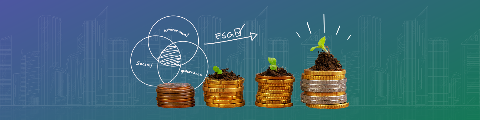 Sustainable Financing image with stacked coins and plant. Chart of ESG is also shown in the background.