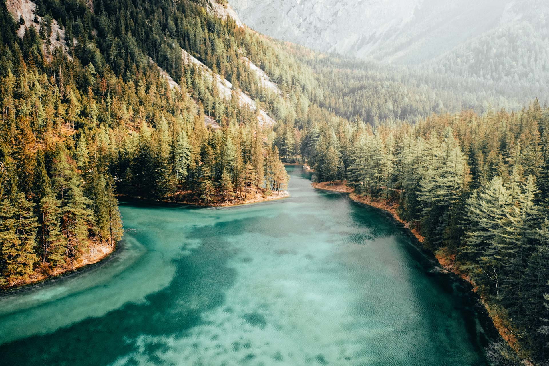 Blue river running through a forest