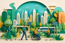 Generated image in style of paper cut-outs of people living in a green urbanized city