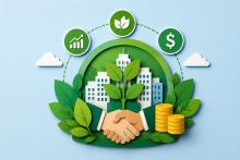 Generated image in the style of paper cut-outs symbolizing green Earth practices and economic growth in an urban society