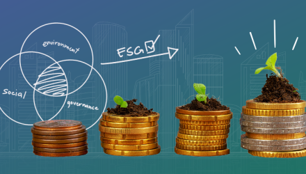 Sustainable Financing image with stacked coins and plant. Chart of ESG is also shown in the background.